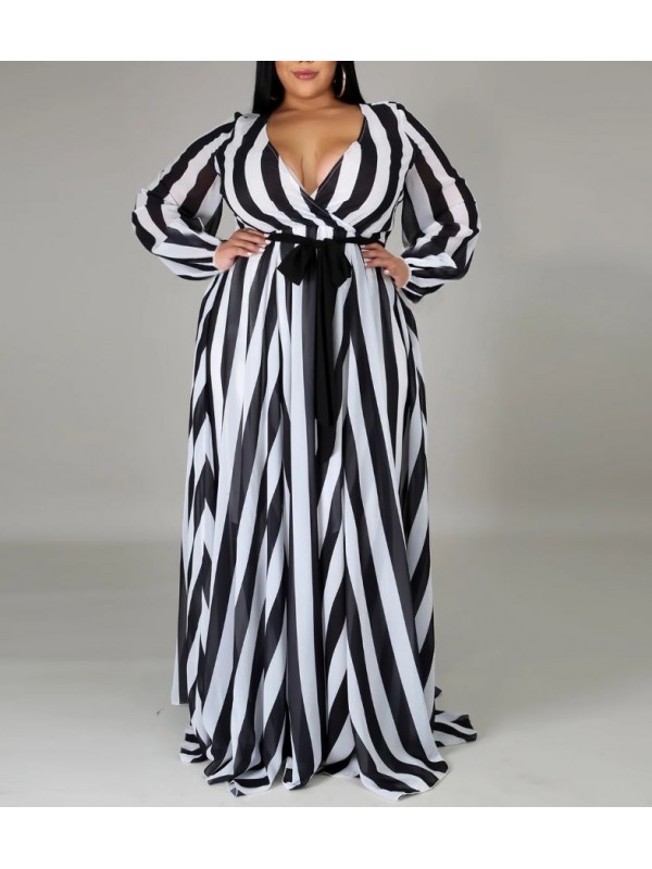 Vestito Donna Lungo a Righe Taglie Grandi Woman Oversize Maxi Dress OS120013B- f5